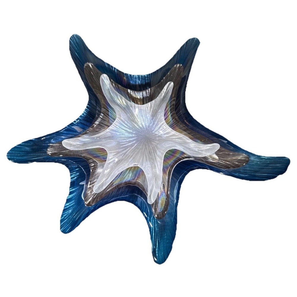Vintage Akcam Turkish Art Glass Stacking Starburst Starfish Iridescent Dishes